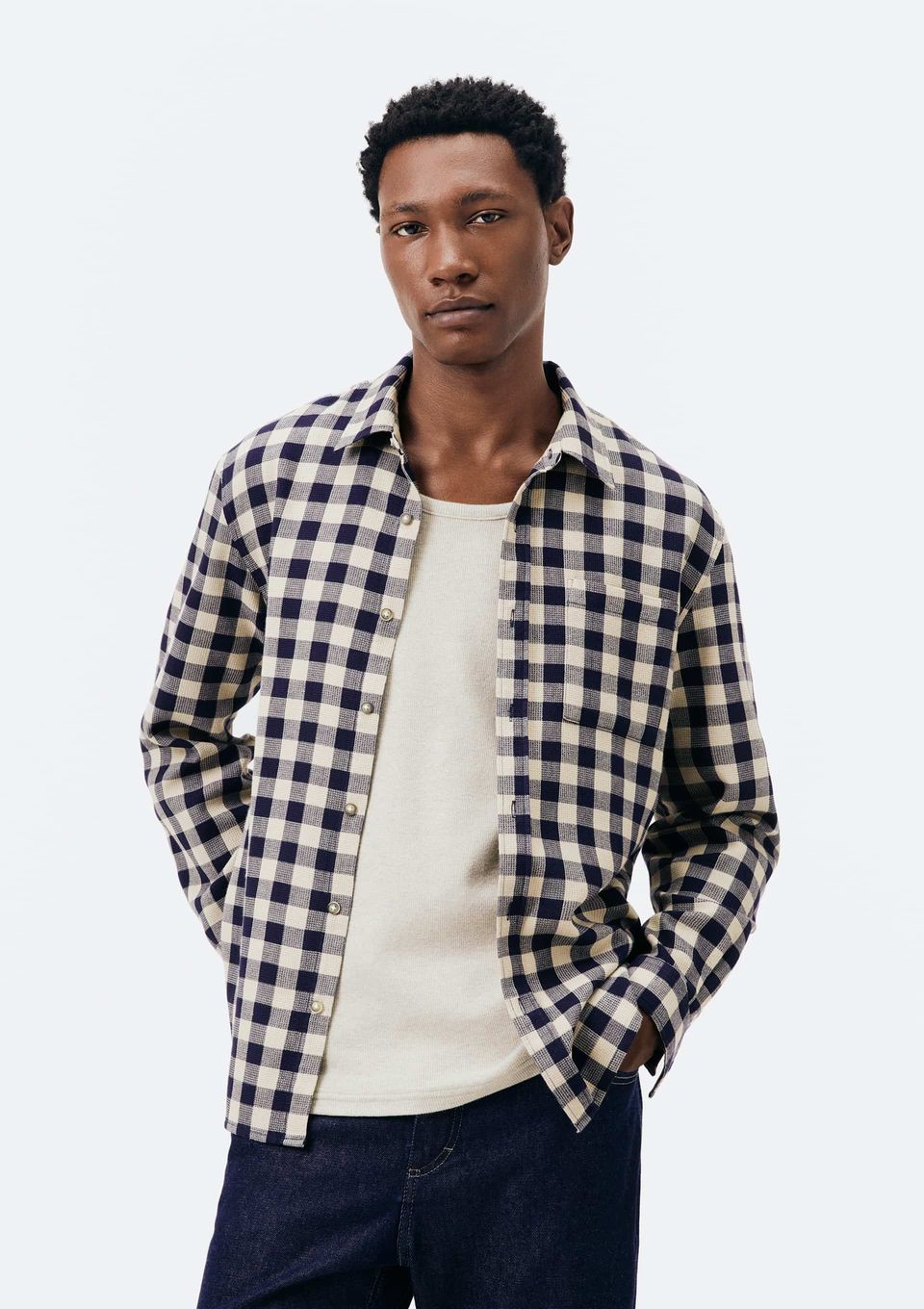 Camisa Masculina Regular em Fio Tinto Quadriculado - Azul
