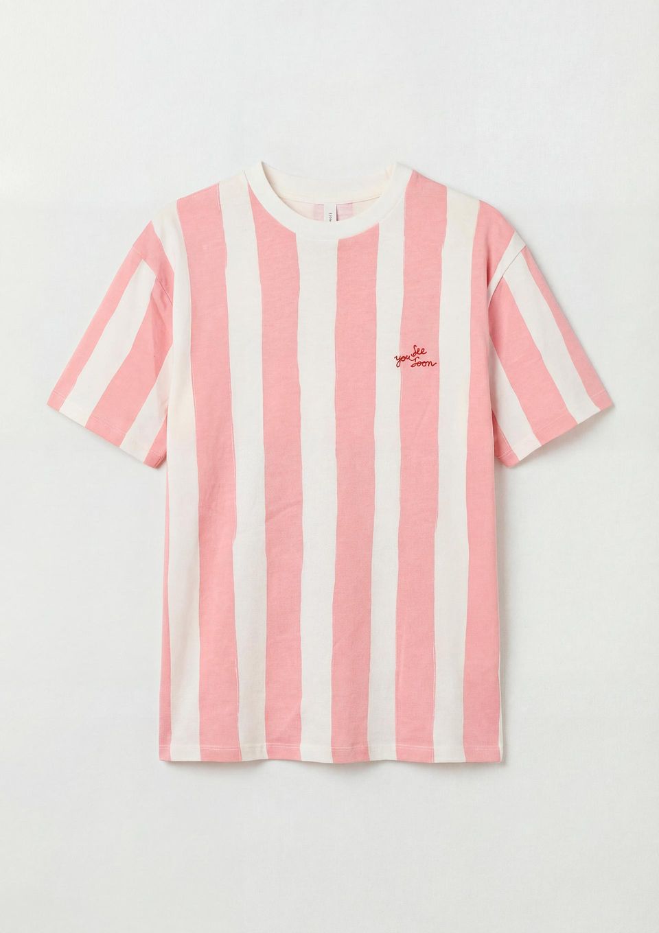 Camiseta Feminina Listrada com Bordado - Rosa