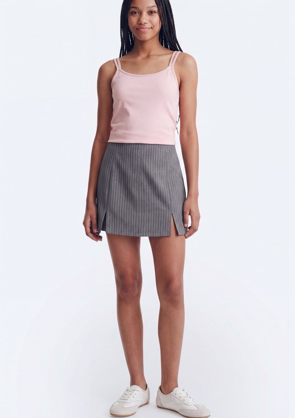 Saia Teen Colegial Plissada Fio Tinto - Cinza