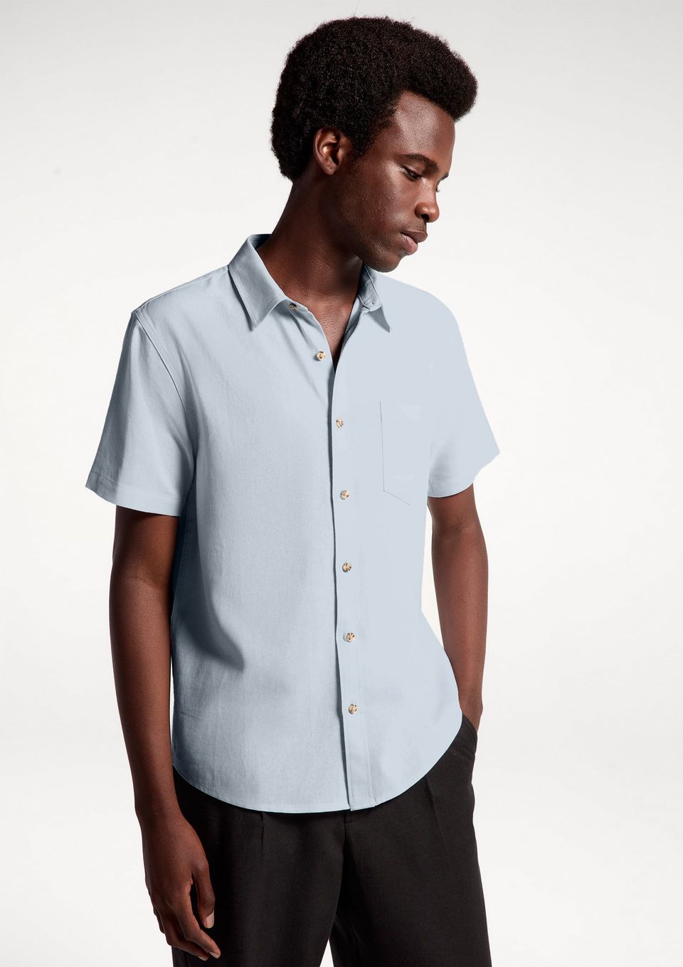 Camisa Básica Masculina Manga Curta em Linho - Azul