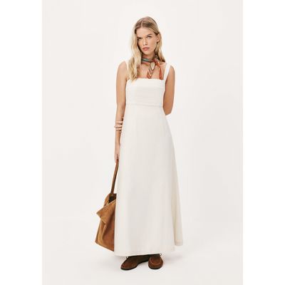 Vestido Midi Evasê Alças Médias Rústico Com Linho - Natural
