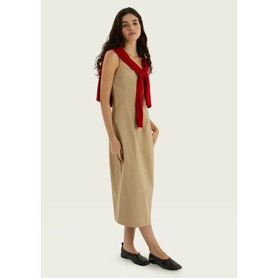Vestido Midi Alfaiatado Alças Finas - Bege