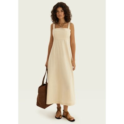 Vestido Midi Evasê Alças Médias Rústico Com Linho - Bege