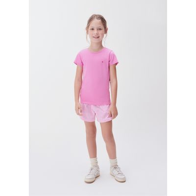 Blusa Básica Infantil Menina Manga Curta Slim Com Bordado Coração - Rosa