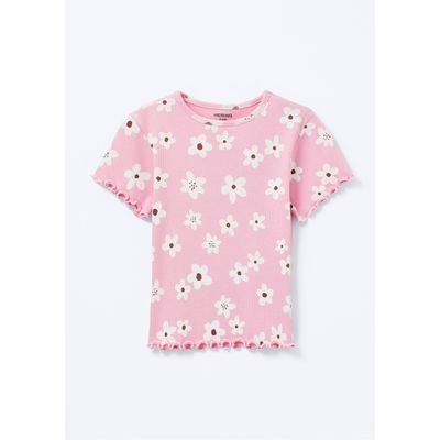 Blusa Infantil Menina Manga Curta Em Ribana Estampada - Rosa