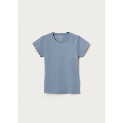 Blusa Básica Infantil Menina Manga Curta Slim Com Bordado Coração - Azul