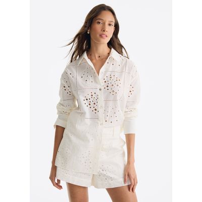 Camisa Feminina Manga Longa Em Laise Conchas - Off white