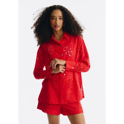 Camisa Feminina Manga Longa Em Laise Conchas - Vermelho